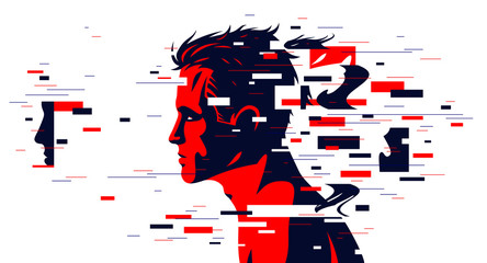 Man profile with glitch dynamic particles in motion vector illustration, mindfulness philosophical and psychological theme, neural network, technology or psychology concept.