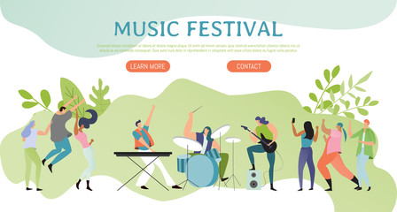 Music festival poster, people on concert, rock band website concept, vector illustration. Men and women cartoon characters in flat style playing musical instruments, drums, guitar and piano keyboard