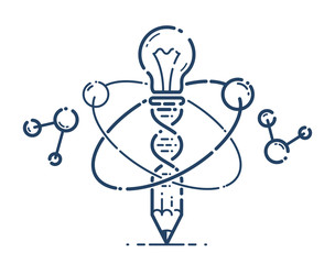 Pencil with light bulb and atom vector simple linear icon, education science physics line art symbol, scientific technology ideas creative solution.