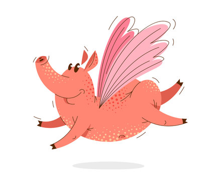 Funny cartoon pig with butterfly wings flying easy vector illustration, animal character swine drawing.