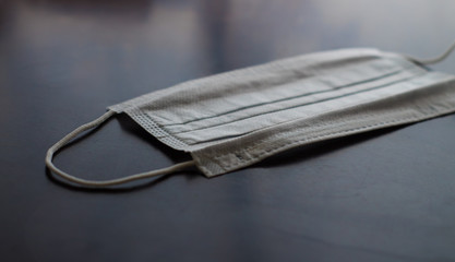 the blue medical mask is on the table