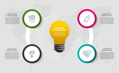 Modern vector light bulb infographics. Business template with circles and four steps. Success concept for graph, presentation, cycling diagram, chart, web, app