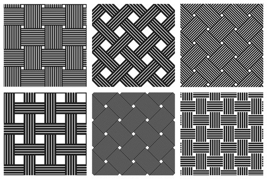 Weave seamless patterns set, vector linear backgrounds with woven textures, textile knitted repeat tiling wallpapers, perfect simplistic minimal designs.