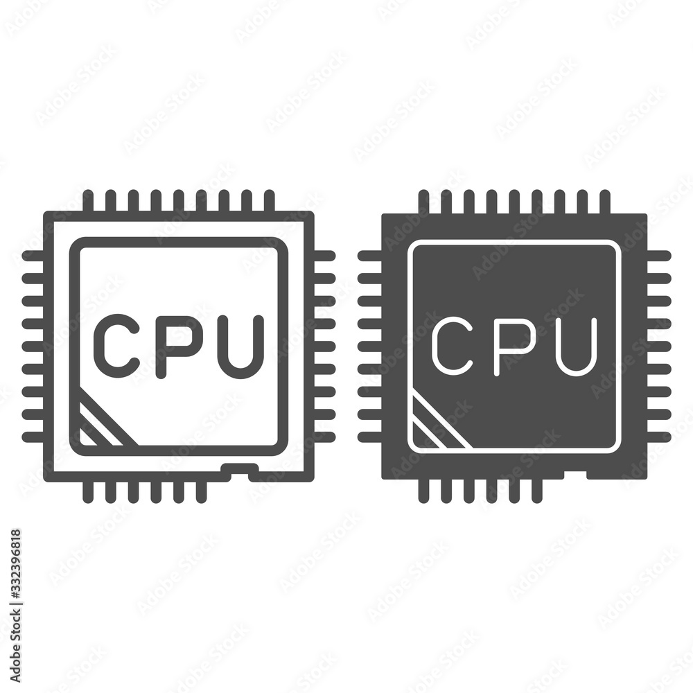 Poster processor line and solid icon. chip or microchip, central processing unit symbol, outline style pict