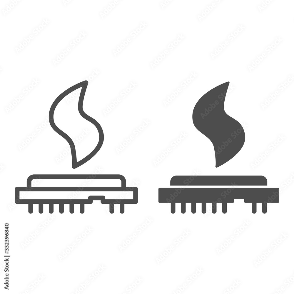 Poster cpu heat line and solid icon. processor temperature, microchip overheating symbol, outline style pic
