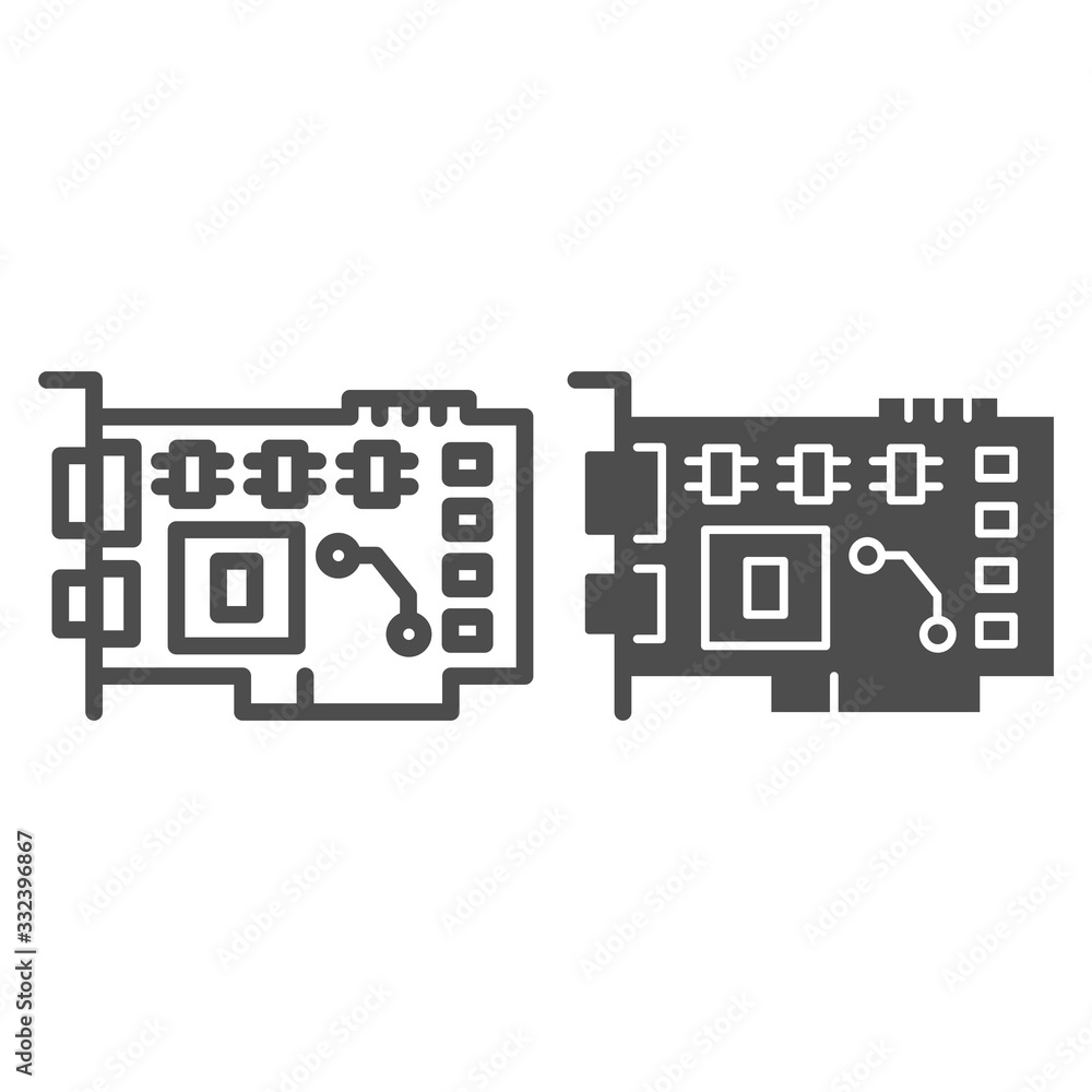 Poster video card line and solid icon. circuit board with integrated memory and gpu symbol, outline style p