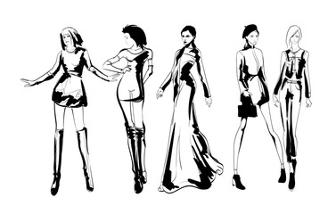 Beautiful young women in modern style.. Hand drawn stylish woman portrait. Fashion lady. Festive outfit. Sketch. Fashion model posing in dress. Hand drawn fashion woman.