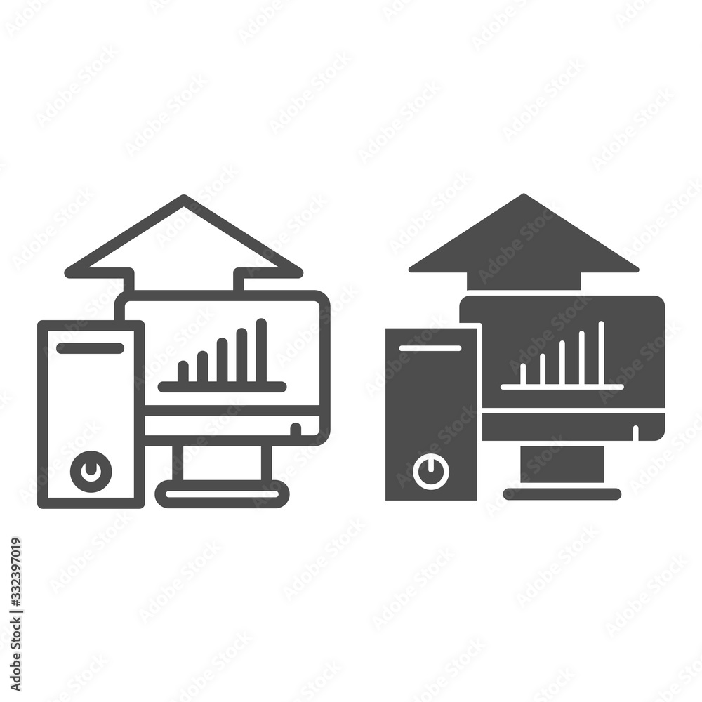 Poster computer platform testing line and solid icon. test hardware components and up symbol, outline style