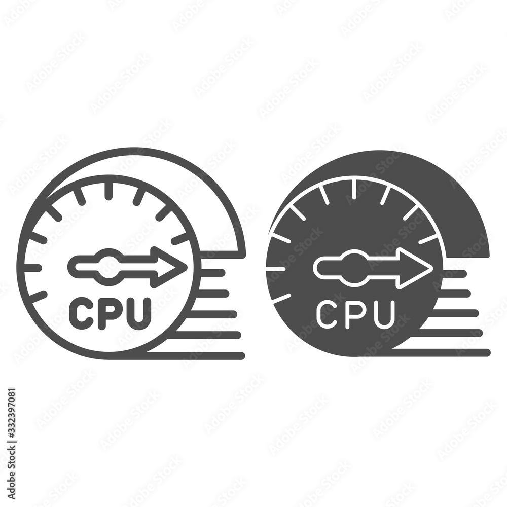 Poster processor usage and load speed line and solid icon. cpu chip performance sensor symbol, outline styl