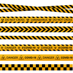 Coronavirus warning sign in a triangle and warning tape vector illustration. Coronavirus in Europe. Chinese virus outbreak. Global epidemic of COVID-2019.