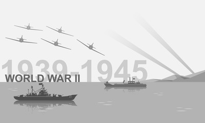 World War II 1939-1945 black and white vector illustration. Battlefield scene monochrome icon.
