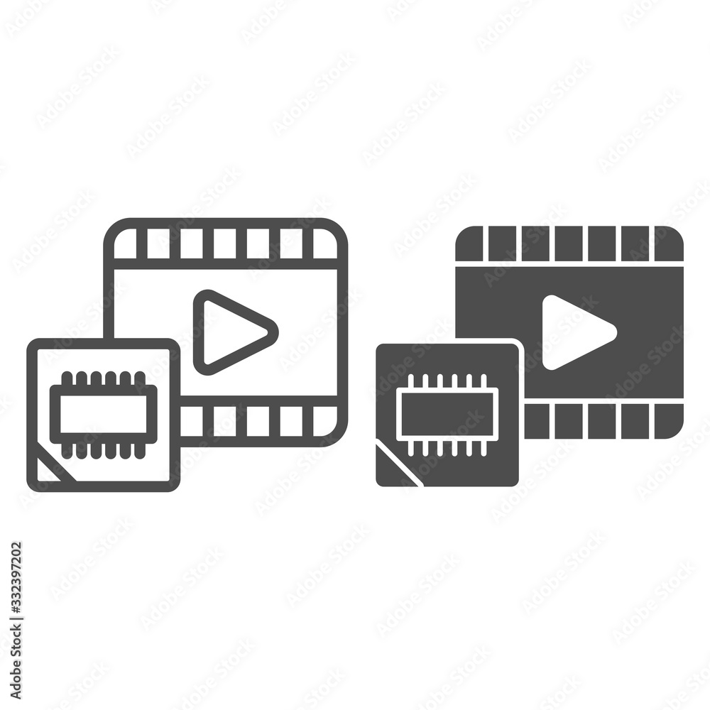 Poster multimedia microchip line and solid icon. video player and chip, hardware processing symbol, outline