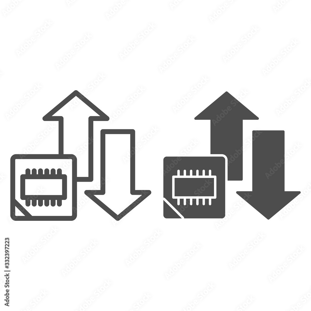 Poster microchip and arrows line and solid icon. processor bus data peak throughput symbol, outline style p