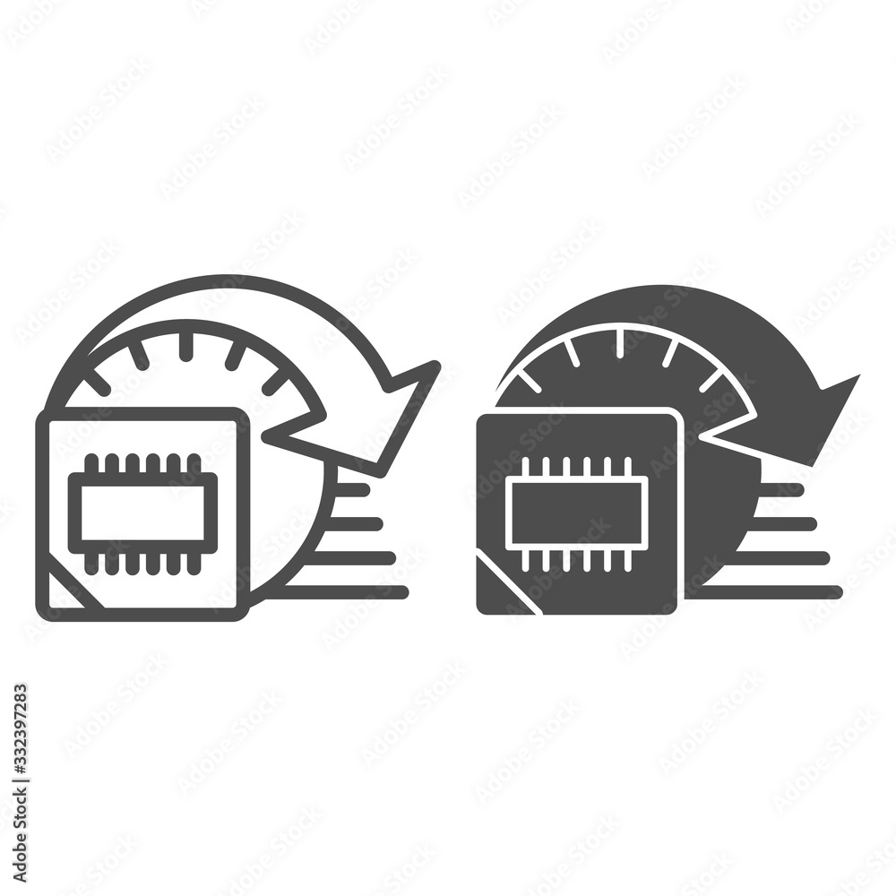 Poster processor overlocking line and solid icon. computer microchip high performance symbol, outline style