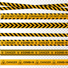 Coronavirus warning sign in a triangle and warning tape vector illustration. Coronavirus in Europe. Chinese virus outbreak. Global epidemic of COVID-2019.
