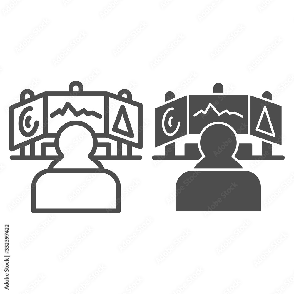 Poster game developer monitors line and solid icon. development, programmer workplace symbol, outline style