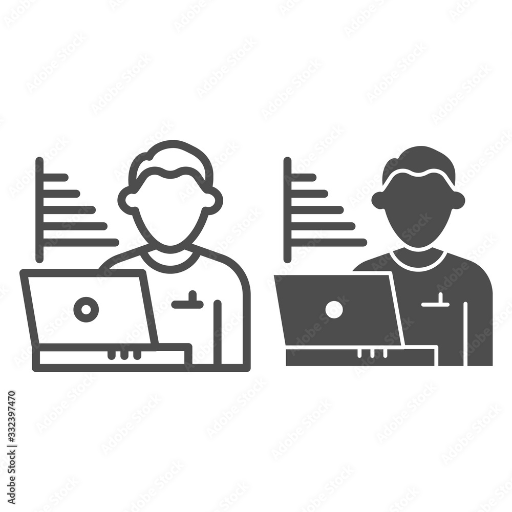 Poster technician blogger line and solid icon. statistics chart and user with laptop symbol, outline style 