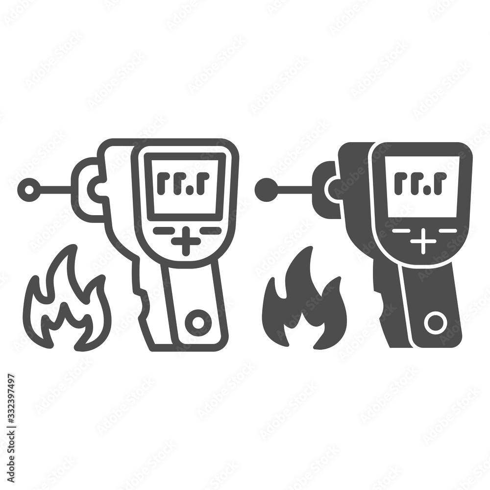 Poster infrared thermometer line and solid icon. non-contact heat measure sensor device symbol, outline sty