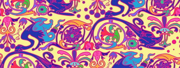 seamless pattern of Persian ornament. Template for wallpaper, textile, shawl, carpet and any surface. Baroque ornament with lilies. Vintage floral baroque pattern, italian persian.