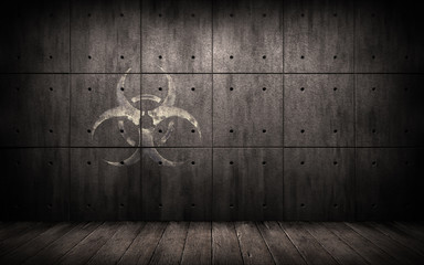 Grunge industrial background with biohazard symbol. Concrete slab wall in a dark room with bio hazard sign. Danger of coronavirus covid-19 spread. Creative design backdrop. 3d illustration - obrazy, fototapety, plakaty