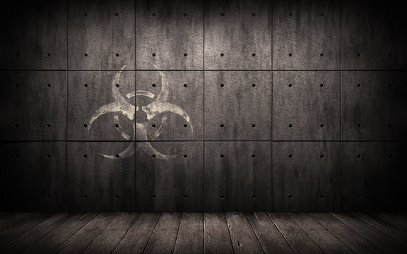 Grunge industrial background with biohazard symbol. Concrete slab wall in a dark room with bio hazard sign. Danger of coronavirus covid-19 spread. Creative design backdrop. 3d illustration