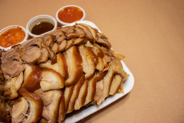 Boiled pig's trotters with sauce (Jokbal). Famous Korean food, delivery food.