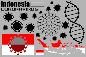 An illustration of a coronavirus, with flags and the territory of the country of Indonesia. Coronavirus cells, a genetic helix, and a biohazard sign.