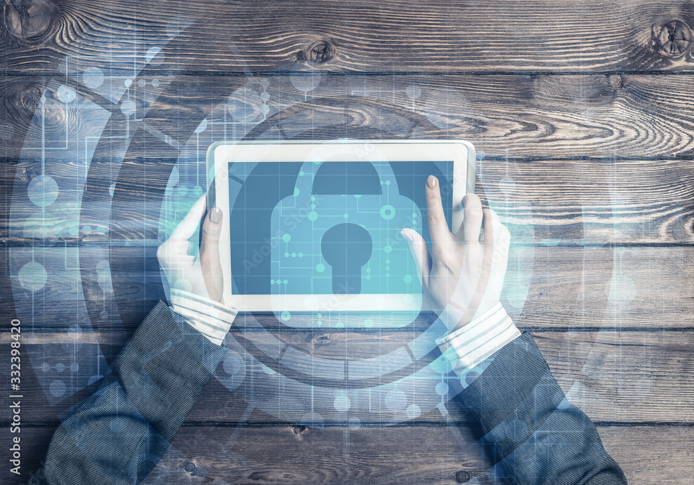 Poster concept of computer access with media lock icon on tablet screen