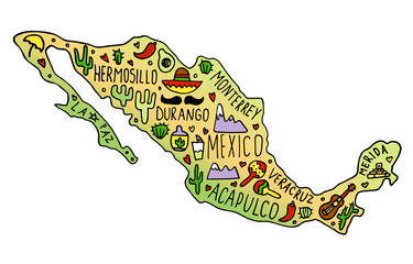 Colored Hand drawn doodle Mexico map. Mexican city names lettering and cartoon landmarks,
