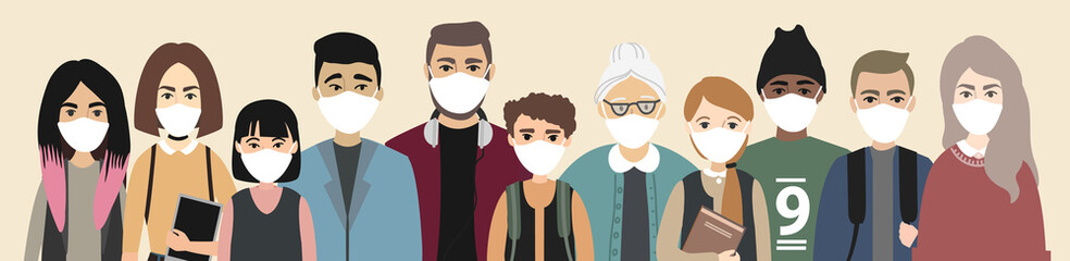 Coronavirus COVID-19. Group of different nationality and age people with masks on horizontal banner. Pneumonia disease. vector stock illustration about the epidemic.