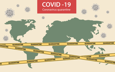 Coronavirus COVID-19. Conceptual Quarantine. World map with viruses around With yellow ribbons. Pneumonia Pandemic. vector stock illustration about the epidemic.