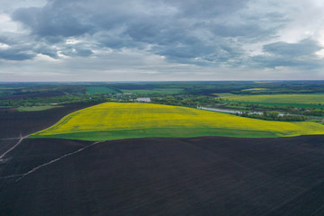 Yellow canola field on a cloudy day. Aerial view of spring landscape with river and black earth. Blossoming yellow field, farmland. Aerial view. 