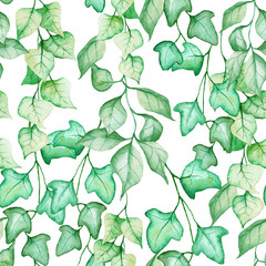 Seamless pattern in watercolor with hand drawn ivy and green leaves