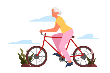 Old woman riding their bicycle outdoor. Active life style for elderly