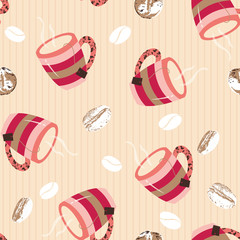 Coffe Mugs and Beans Vector Seamless pattern