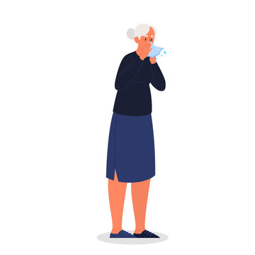 Sick Old Woman With Runny Nose A Symptom Of Flu, Cold Or Allergy