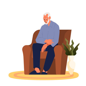 Tired Old Man Sitting In The Armchair. Eldery Person With Lack