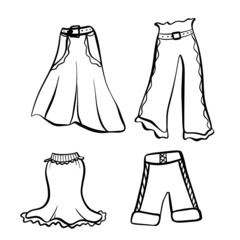 Vector set of women's clothing skirt, trousers, jeans with ruffles and laces, doodle-style on a white isolated background. Use in the design for the store, brochures, catalogs, posters, labels, logo