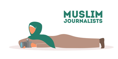 Muslim TV journalist or news reporter. Character with camera shooting