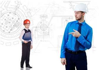 Man in hardhat and construction sketches at blue background.