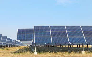 rows array of polycrystalline silicon solar cells or photovoltaic cells in solar power plant turn...