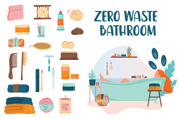 Zero waste bathroom set. Collection of eco elements for people