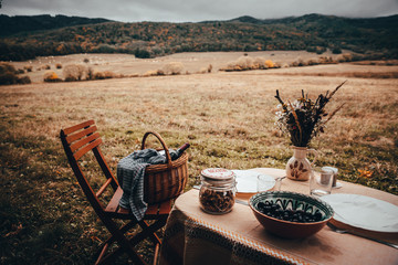 Vintage colored photo. Table prepared for lunch in autumn nature, picnic