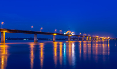 Night scene The second thai -  lao friendship bridge  across the mekong river on mukdahan, thailand...