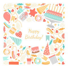 Vector birthday card with cake and candles, sweets, balloons and confetti on a white background
