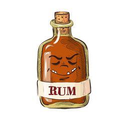 Bottle of rum with facial expression, funny cartoon picture in a flat style. Alcoholic drink. Vector for design t-shirts typography cards and posters.