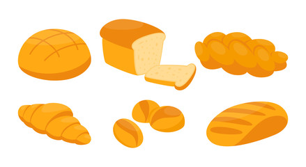 Bread set. Fresh bakery, loaf, bagel, bun and baguette. Healthy food