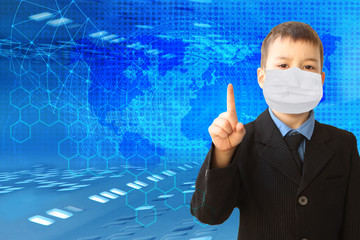 kid, a boy in an antiviral medical mask shows on technological blue background, the concept of a virus epidemic, quarantine, lockdown