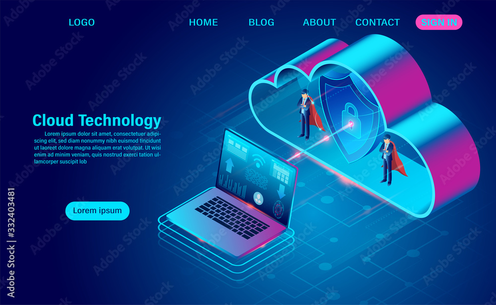 Aufkleber cloud technology concept. online computing technology. big data flow processing concept. isometric f