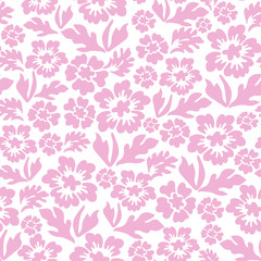 Seamless flower background in vector graphics. Pink color of the ornament on a white background. Simple minimalistic drawing of colors of different sizes, fabric, Wallpaper